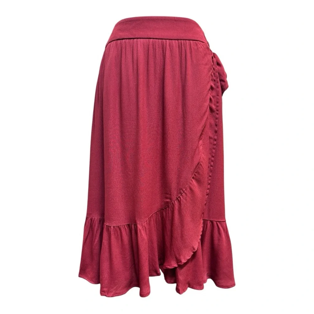 NWT LOFT Deep Red Ruffle Faux Wrap Skirt, Size 6, Burgundy, midi, flounce - Picture 3 of 15
